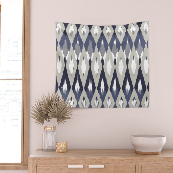 Festive, Boho Art, Geometric, Ikat Pattern, Blue and Gray Wall Tapestry Gallery Image 2