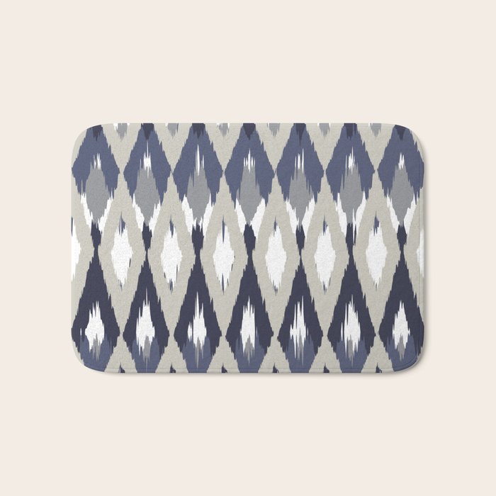 Festive, Boho Art, Geometric, Ikat Pattern, Blue and Gray Bath Mat Gallery Image 1