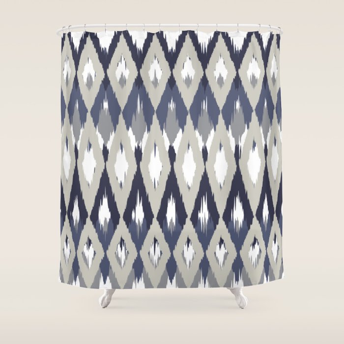 Festive, Boho Art, Geometric, Ikat Pattern, Blue and Gray Shower Curtain Gallery Image 1