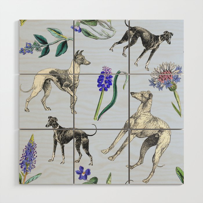 GREYHOUND DOGS and Blue Meadow Botanical Pattern  Wood Wall Art Gallery Image 1