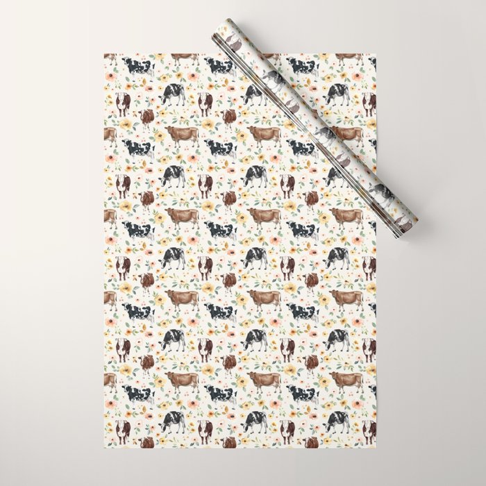 Cows with Pink and Yellow Flowers on Cream, Cow Illustration, Floral Wrapping Paper Gallery Image 1