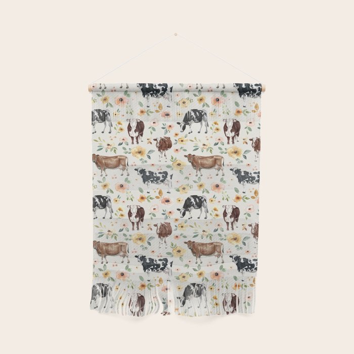 Cows with Pink and Yellow Flowers on Cream, Cow Illustration, Floral Wall Hanging Gallery Image 1