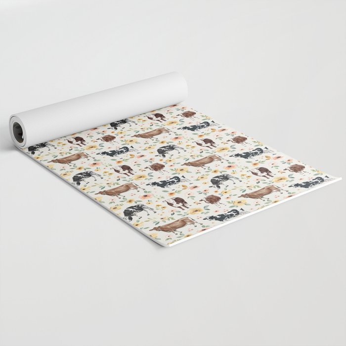 Cows with Pink and Yellow Flowers on Cream, Cow Illustration, Floral Yoga Mat Gallery Image 2