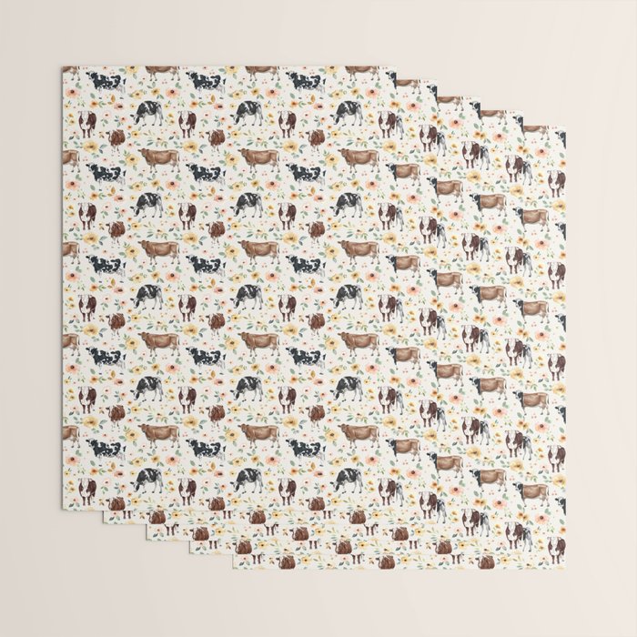 Cows with Pink and Yellow Flowers on Cream, Cow Illustration, Floral Wrapping Paper Gallery Image 3