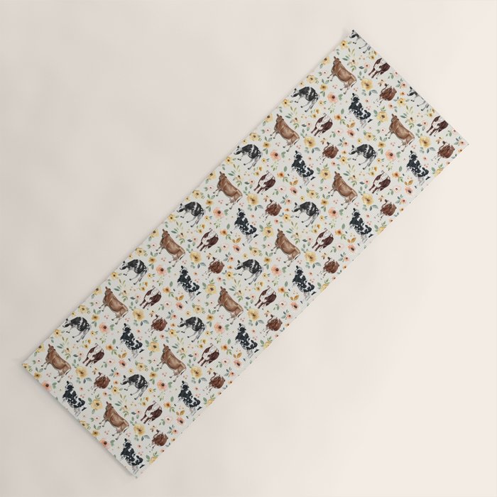 Cows with Pink and Yellow Flowers on Cream, Cow Illustration, Floral Yoga Mat Gallery Image 1
