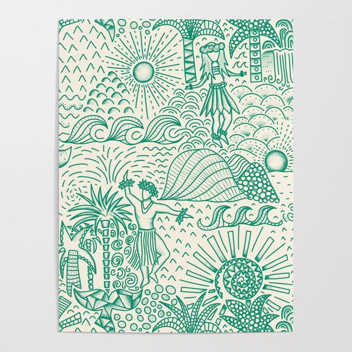 Hawaiian Hula Dancer Toile - Green Poster Gallery Image 4