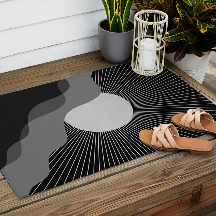 Abstraction_SUNRISE_SUNSET_BLACK_WHITE_MONO_POP_ART_0622A Outdoor Rug Gallery Image 2