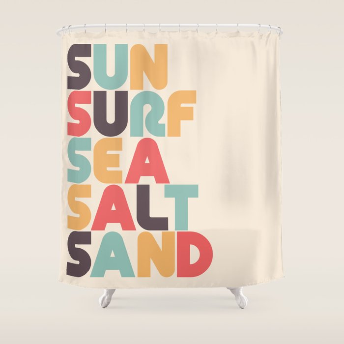 Sun Surf Sea Salt Sand Typography - Retro Rainbow Shower Curtain Gallery Image 1