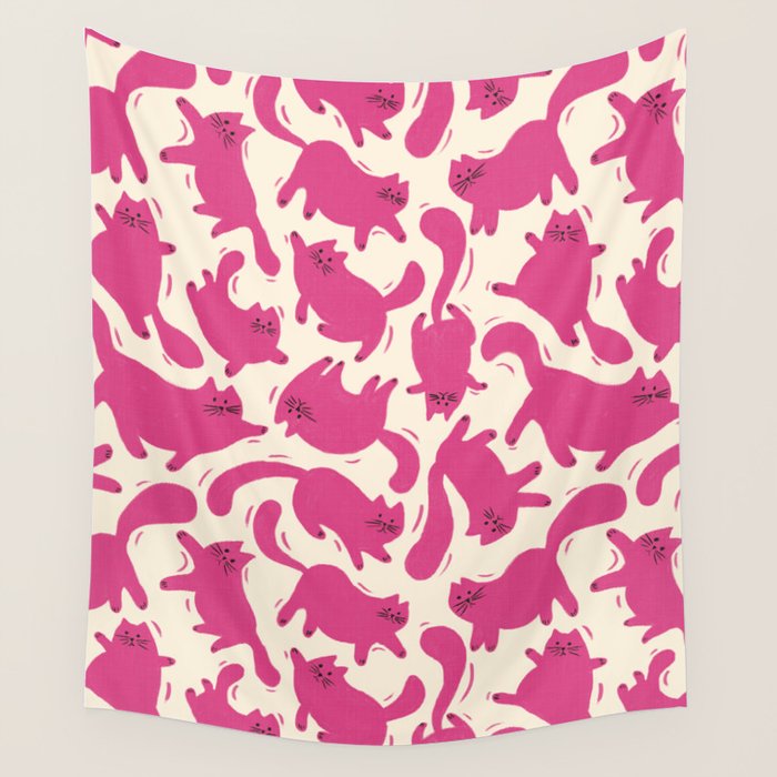 Playful Pink Cats Pattern Wall Tapestry Gallery Image 4