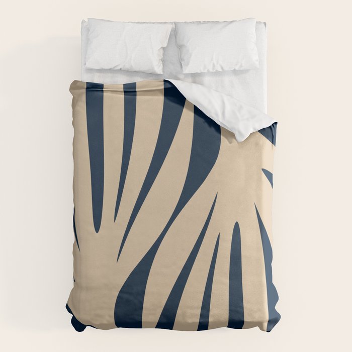Abstract Maldives Leaves Minimalist Pattern in Mid Century Modern Navy Blue and Beige Duvet Cover Gallery Image 1