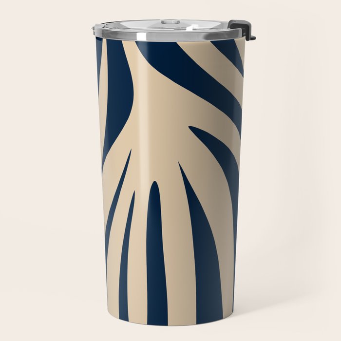 Abstract Maldives Leaves Minimalist Pattern in Mid Century Modern Navy Blue and Beige Travel Mug Gallery Image 2