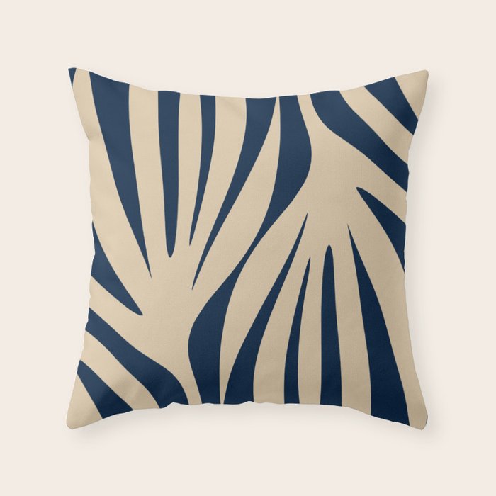 Abstract Maldives Leaves Minimalist Pattern in Mid Century Modern Navy Blue and Beige Throw Pillow Gallery Image 1