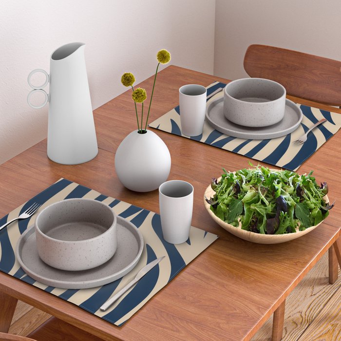 Abstract Maldives Leaves Minimalist Pattern in Mid Century Modern Navy Blue and Beige Placemat Gallery Image 2