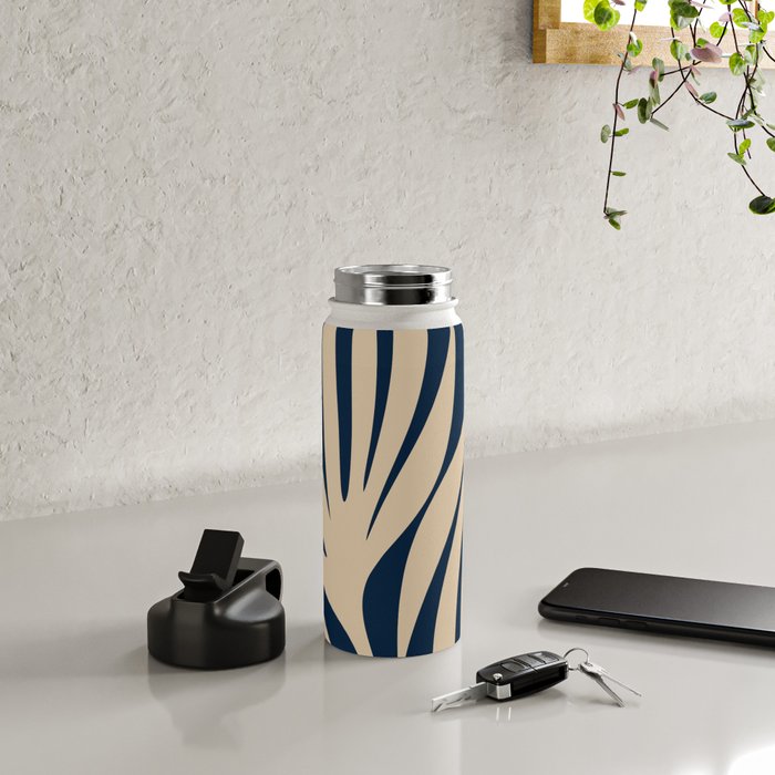 Abstract Maldives Leaves Minimalist Pattern in Mid Century Modern Navy Blue and Beige Water Bottle Gallery Image 4