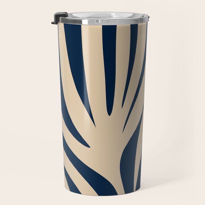 Abstract Maldives Leaves Minimalist Pattern in Mid Century Modern Navy Blue and Beige Travel Mug Gallery Image 3