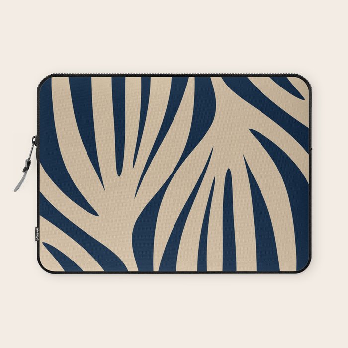 Abstract Maldives Leaves Minimalist Pattern in Mid Century Modern Navy Blue and Beige Laptop Sleeve Gallery Image 1