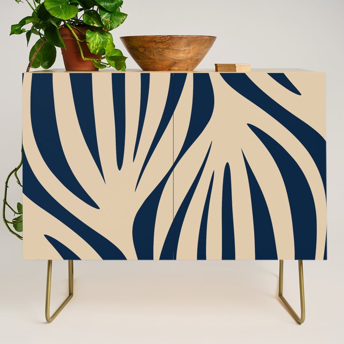 Abstract Maldives Leaves Minimalist Pattern in Mid Century Modern Navy Blue and Beige Credenza Gallery Image 1