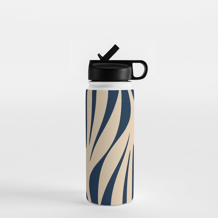 Abstract Maldives Leaves Minimalist Pattern in Mid Century Modern Navy Blue and Beige Water Bottle Gallery Image 1