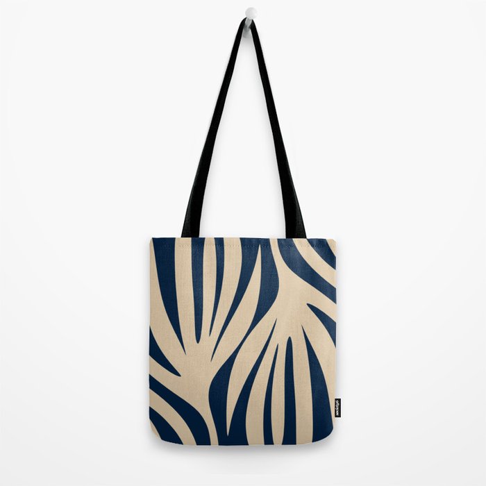 Abstract Maldives Leaves Minimalist Pattern in Mid Century Modern Navy Blue and Beige Tote Bag Gallery Image 2