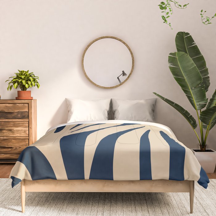 Abstract Maldives Leaves Minimalist Pattern in Mid Century Modern Navy Blue and Beige Comforter Gallery Image 3