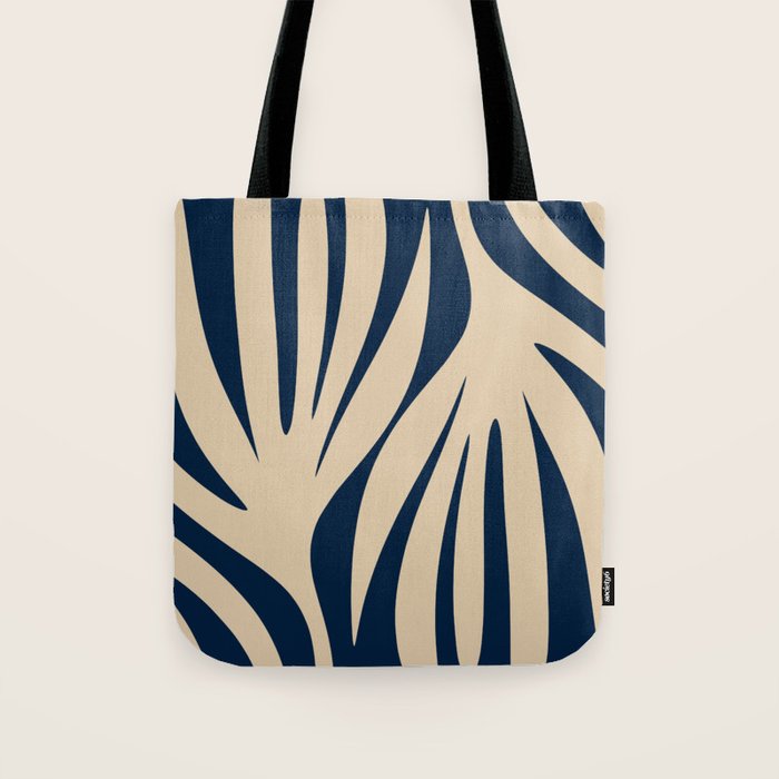 Abstract Maldives Leaves Minimalist Pattern in Mid Century Modern Navy Blue and Beige Tote Bag Gallery Image 1