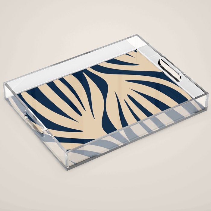 Abstract Maldives Leaves Minimalist Pattern in Mid Century Modern Navy Blue and Beige Acrylic Tray Gallery Image 1