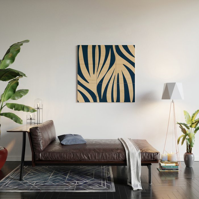 Abstract Maldives Leaves Minimalist Pattern in Mid Century Modern Navy Blue and Beige Wood Wall Art Gallery Image 2