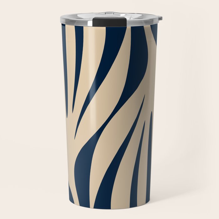Abstract Maldives Leaves Minimalist Pattern in Mid Century Modern Navy Blue and Beige Travel Mug Gallery Image 1
