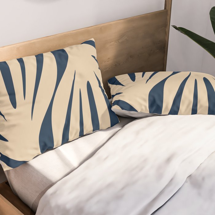 Abstract Maldives Leaves Minimalist Pattern in Mid Century Modern Navy Blue and Beige Pillow Sham Gallery Image 2