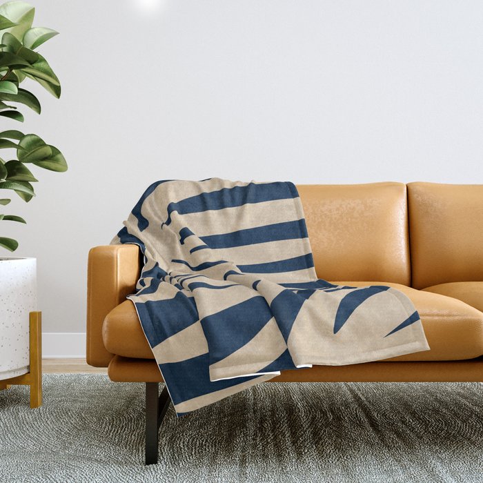 Abstract Maldives Leaves Minimalist Pattern in Mid Century Modern Navy Blue and Beige Throw Blanket Gallery Image 1