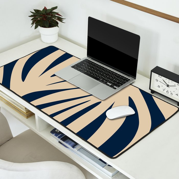 Abstract Maldives Leaves Minimalist Pattern in Mid Century Modern Navy Blue and Beige Desk Mat Gallery Image 2