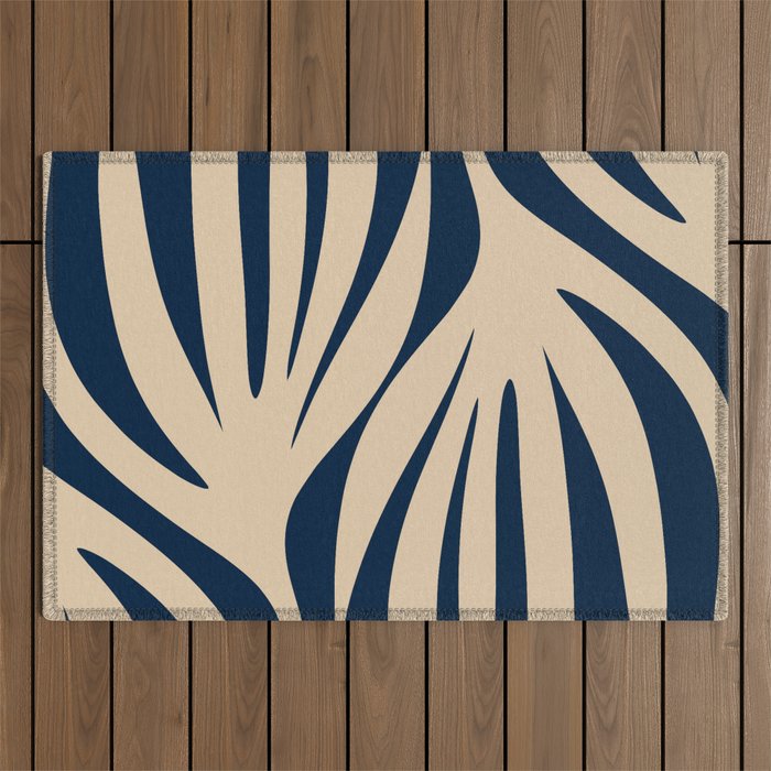 Abstract Maldives Leaves Minimalist Pattern in Mid Century Modern Navy Blue and Beige Outdoor Rug Gallery Image 1