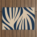 Abstract Maldives Leaves Minimalist Pattern in Mid Century Modern Navy Blue and Beige Outdoor Rug Gallery Image 1