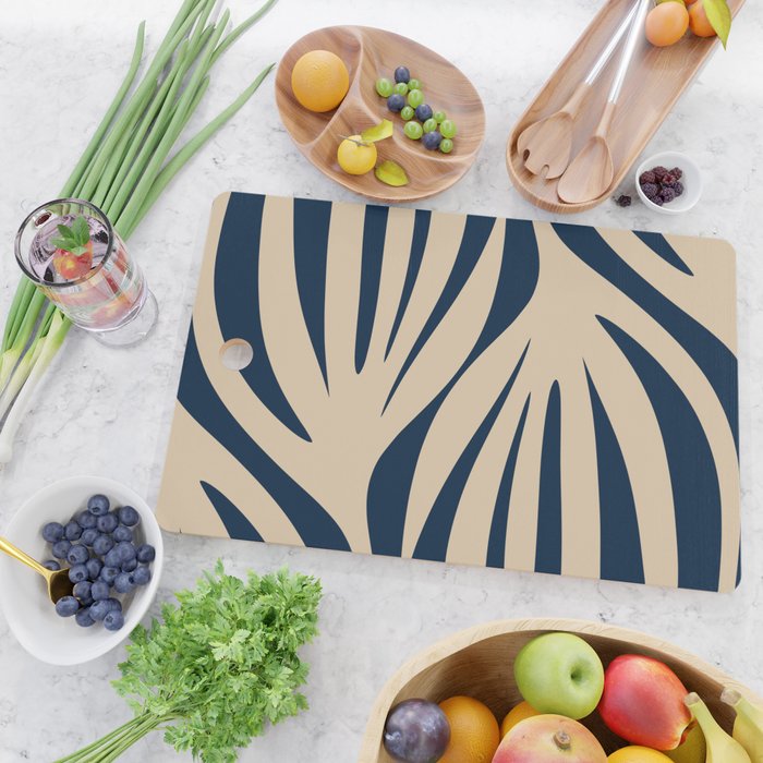 Abstract Maldives Leaves Minimalist Pattern in Mid Century Modern Navy Blue and Beige Cutting Board Gallery Image 2