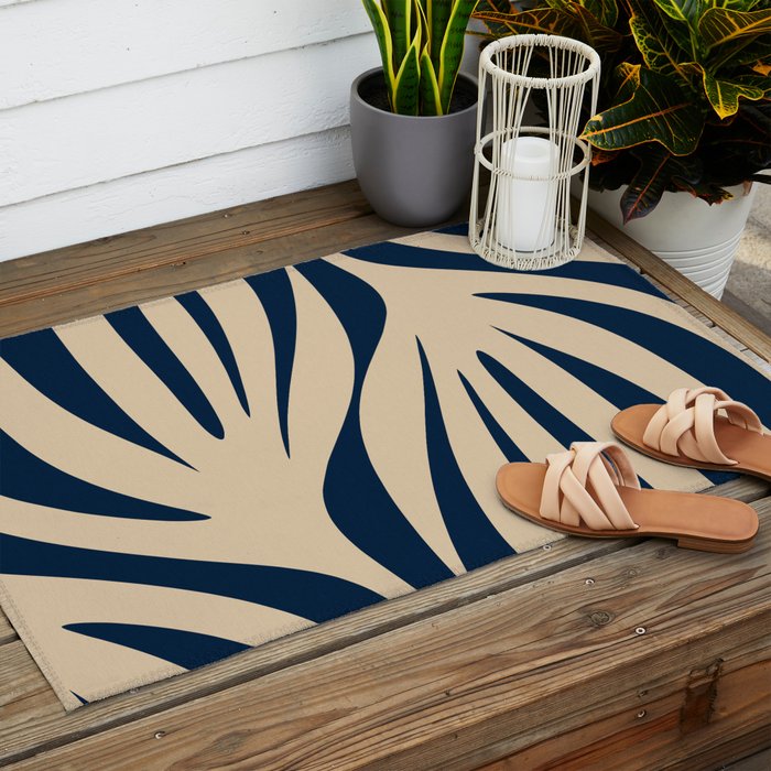 Abstract Maldives Leaves Minimalist Pattern in Mid Century Modern Navy Blue and Beige Outdoor Rug Gallery Image 2