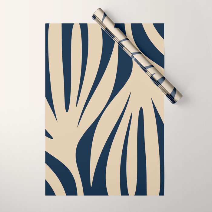 Abstract Maldives Leaves Minimalist Pattern in Mid Century Modern Navy Blue and Beige Wrapping Paper Gallery Image 1