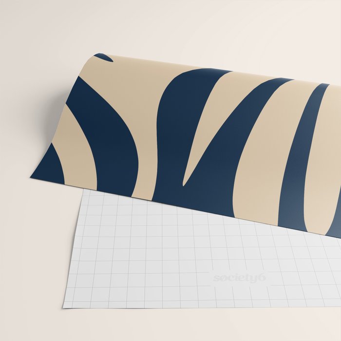 Abstract Maldives Leaves Minimalist Pattern in Mid Century Modern Navy Blue and Beige Wrapping Paper Gallery Image 2