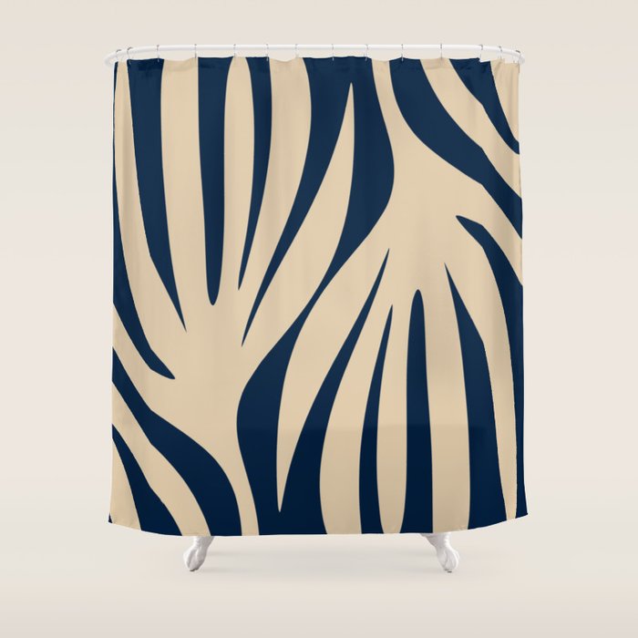 Abstract Maldives Leaves Minimalist Pattern in Mid Century Modern Navy Blue and Beige Shower Curtain Gallery Image 1