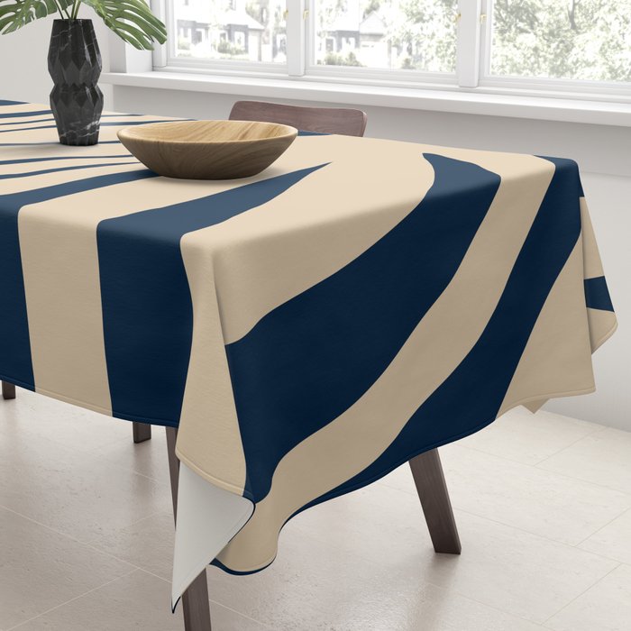Abstract Maldives Leaves Minimalist Pattern in Mid Century Modern Navy Blue and Beige Tablecloth Gallery Image 3