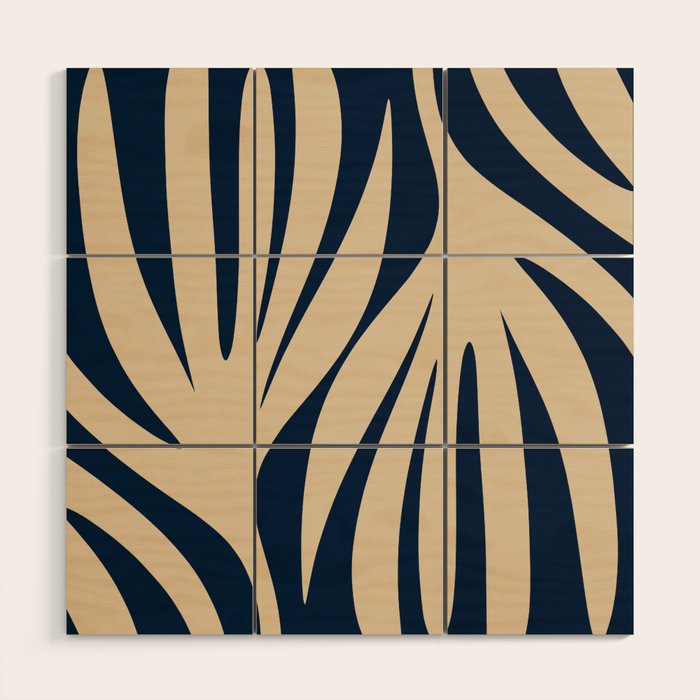 Abstract Maldives Leaves Minimalist Pattern in Mid Century Modern Navy Blue and Beige Wood Wall Art Gallery Image 1