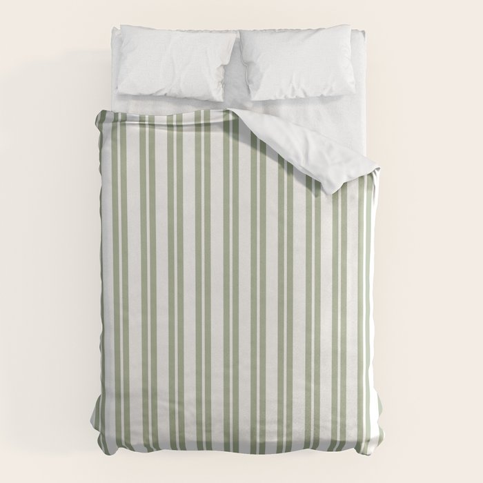 Sage Green and White Classic Double Striped Pattern  Duvet Cover Gallery Image 1