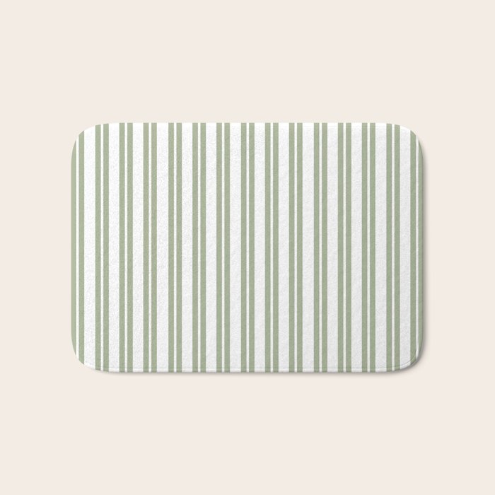 Sage Green and White Classic Double Striped Pattern  Bath Mat Gallery Image 1