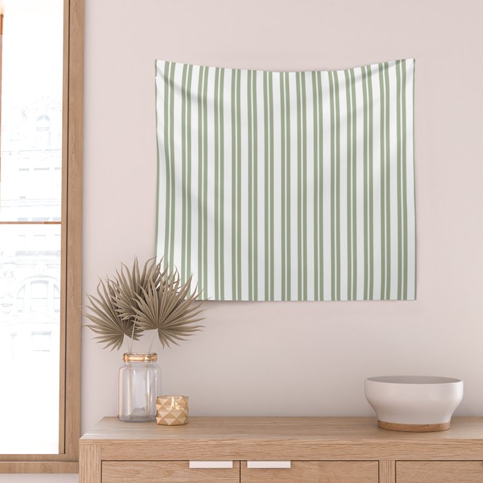 Sage Green and White Classic Double Striped Pattern  Wall Tapestry Gallery Image 2