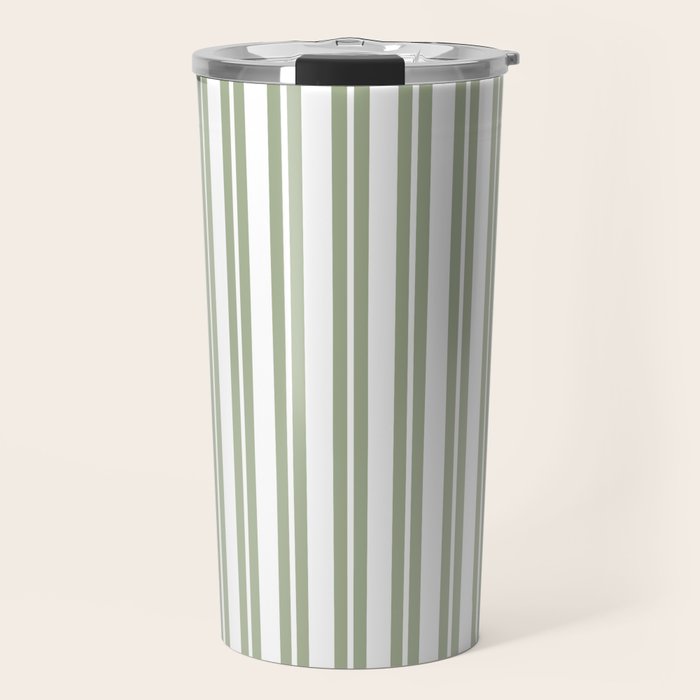 Sage Green and White Classic Double Striped Pattern  Travel Mug Gallery Image 1