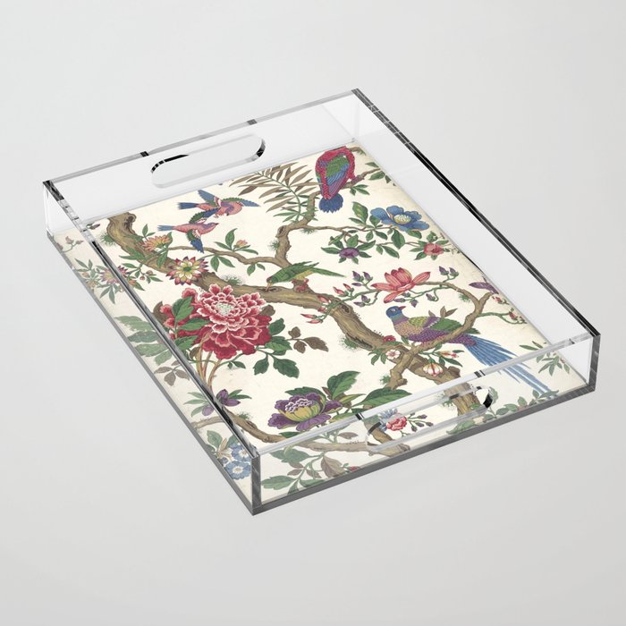 18th Century Chinoiserie Magpie Ivory Peony Garden Acrylic Tray Gallery Image 1