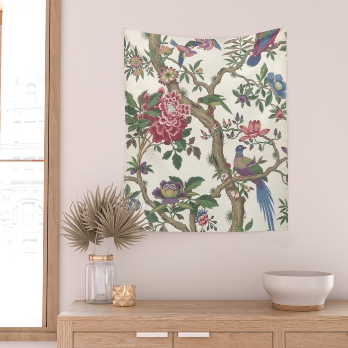 18th Century Chinoiserie Magpie Ivory Peony Garden Wall Tapestry Gallery Image 2