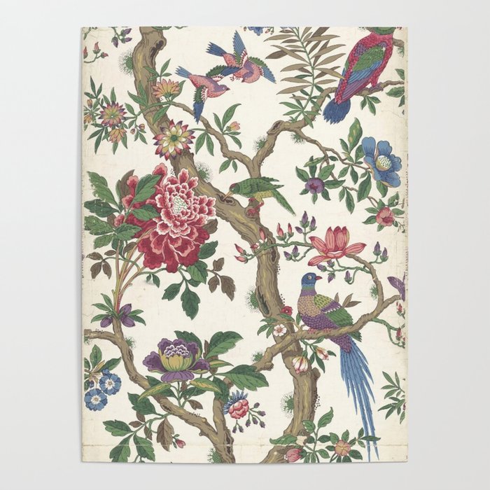 18th Century Chinoiserie Magpie Ivory Peony Garden Poster Gallery Image 4