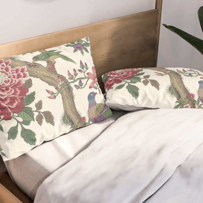 18th Century Chinoiserie Magpie Ivory Peony Garden Pillow Sham Gallery Image 2