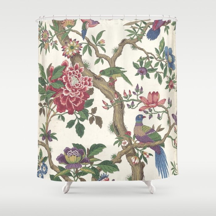 18th Century Chinoiserie Magpie Ivory Peony Garden Shower Curtain Gallery Image 1