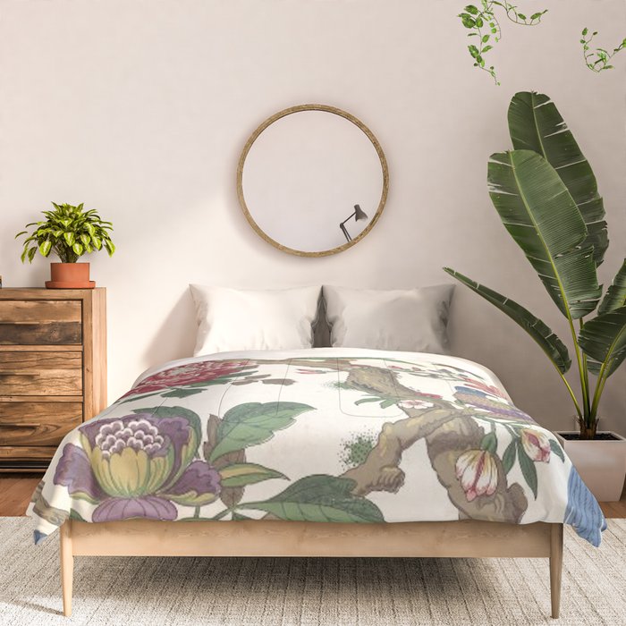 18th Century Chinoiserie Magpie Ivory Peony Garden Comforter Gallery Image 3